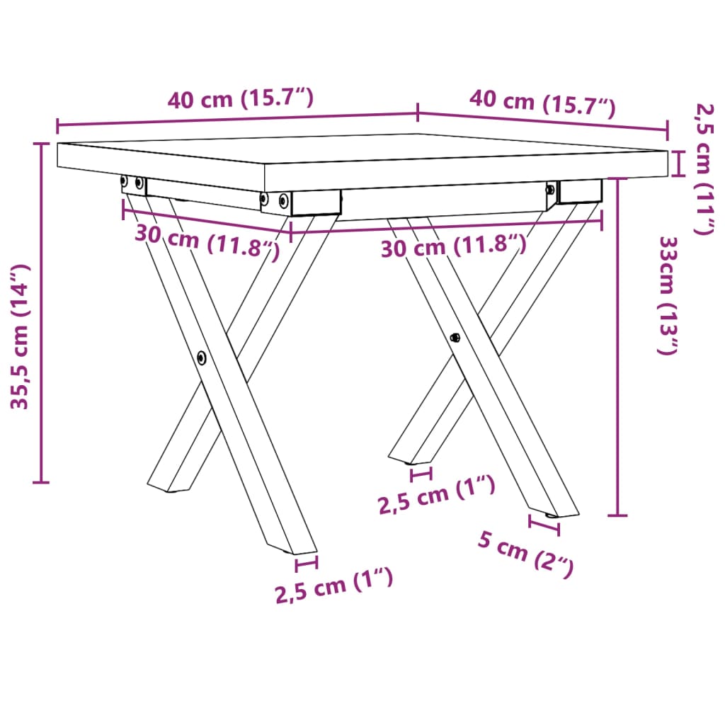 vidaXL Mesa de centro marco X madera maciza pino y acero 40x40x35,5 cm