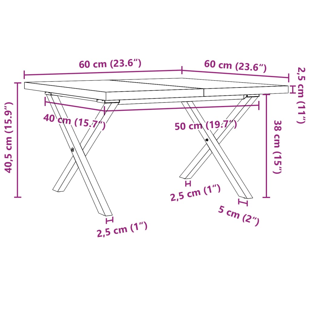 vidaXL Mesa de centro marco X madera maciza pino y acero 60x60x40,5 cm