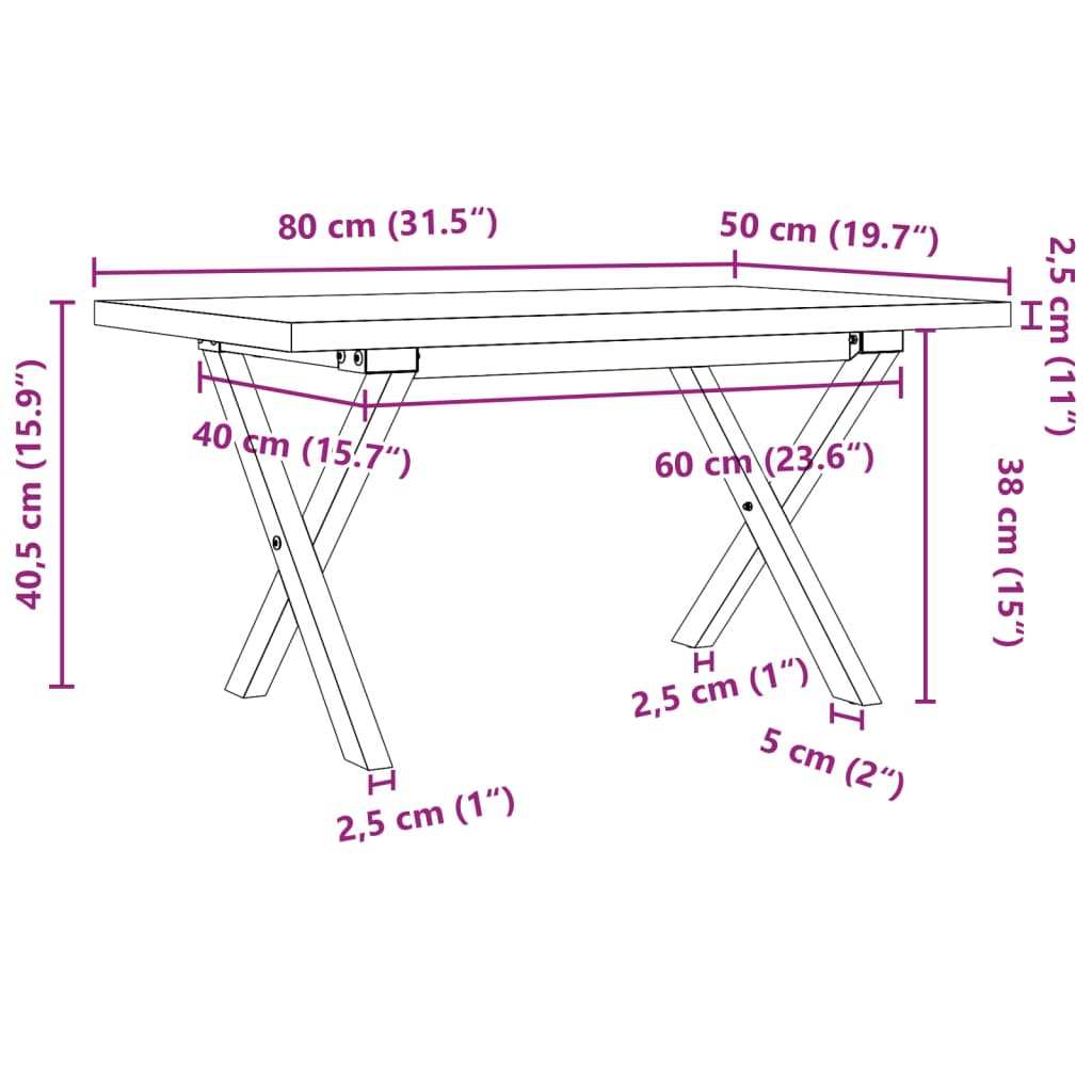 vidaXL Mesa de centro marco X madera maciza pino y acero 80x50x40,5 cm