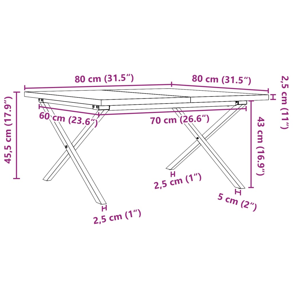 vidaXL Mesa de centro marco X madera maciza pino y acero 80x80x45,5 cm