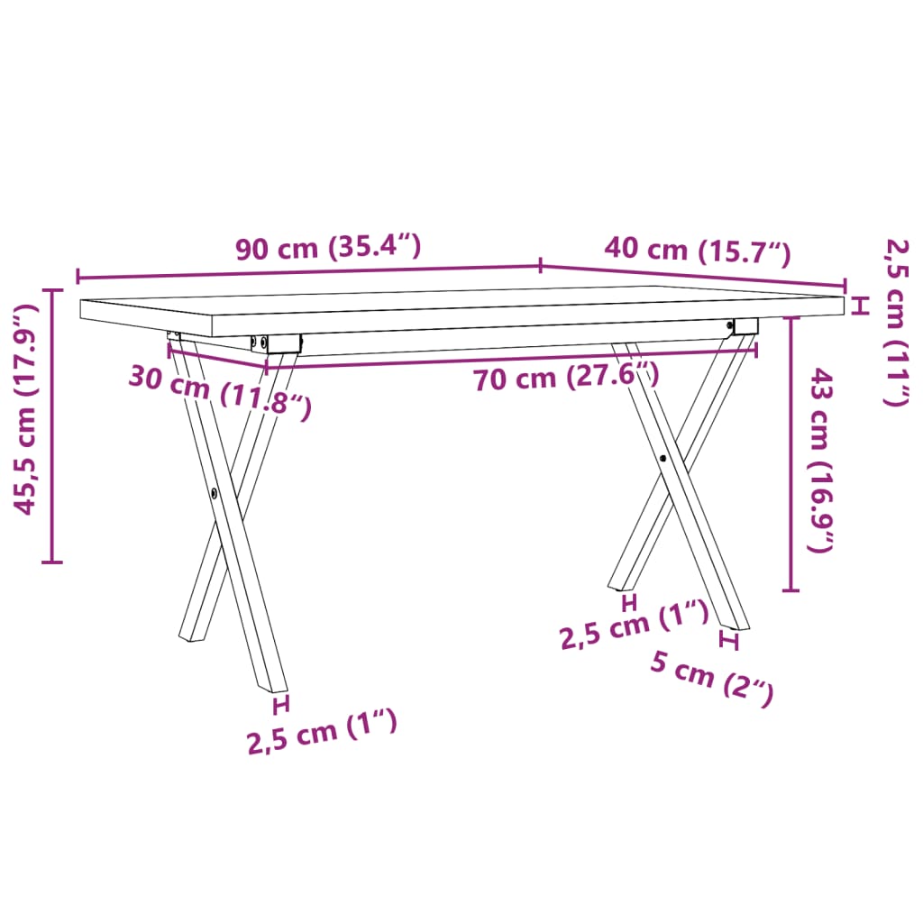 vidaXL Mesa de centro marco X madera maciza pino y acero 90x40x45,5 cm