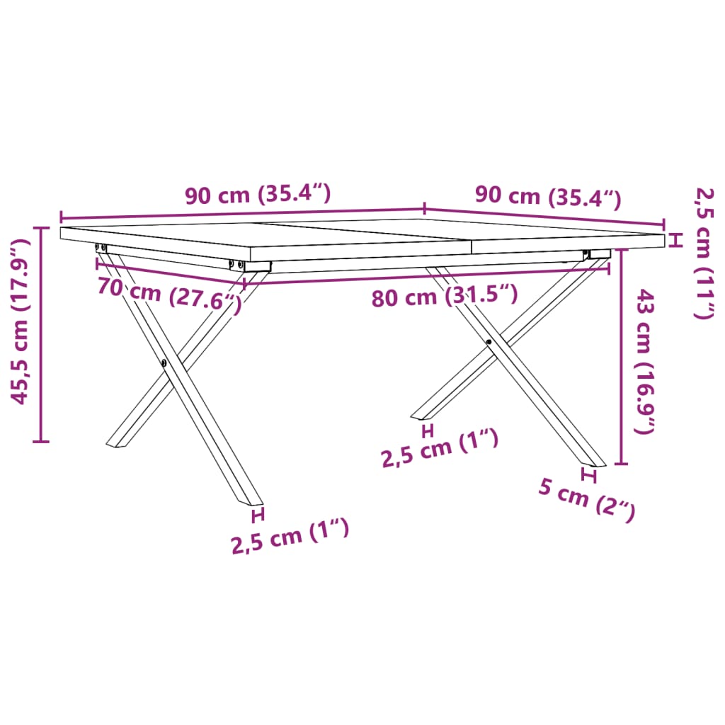 vidaXL Mesa de centro marco X madera maciza pino y acero 90x90x45,5 cm