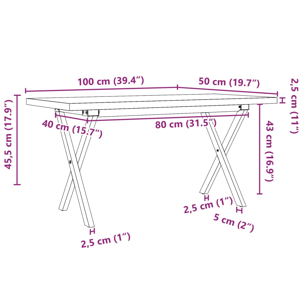 vidaXL Mesa de centro marco X madera maciza pino y acero 100x50x45,5cm