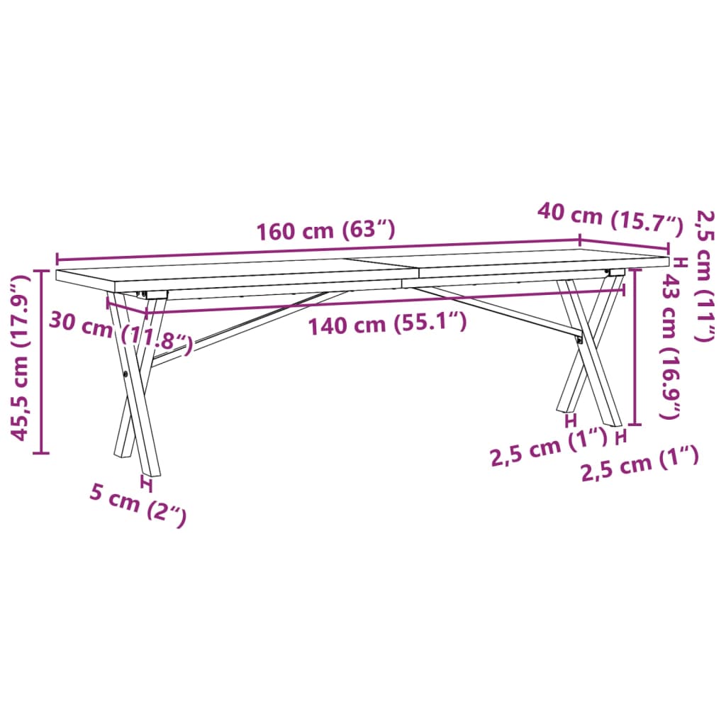 vidaXL Mesa de centro marco X madera maciza pino y acero 160x40x45,5cm