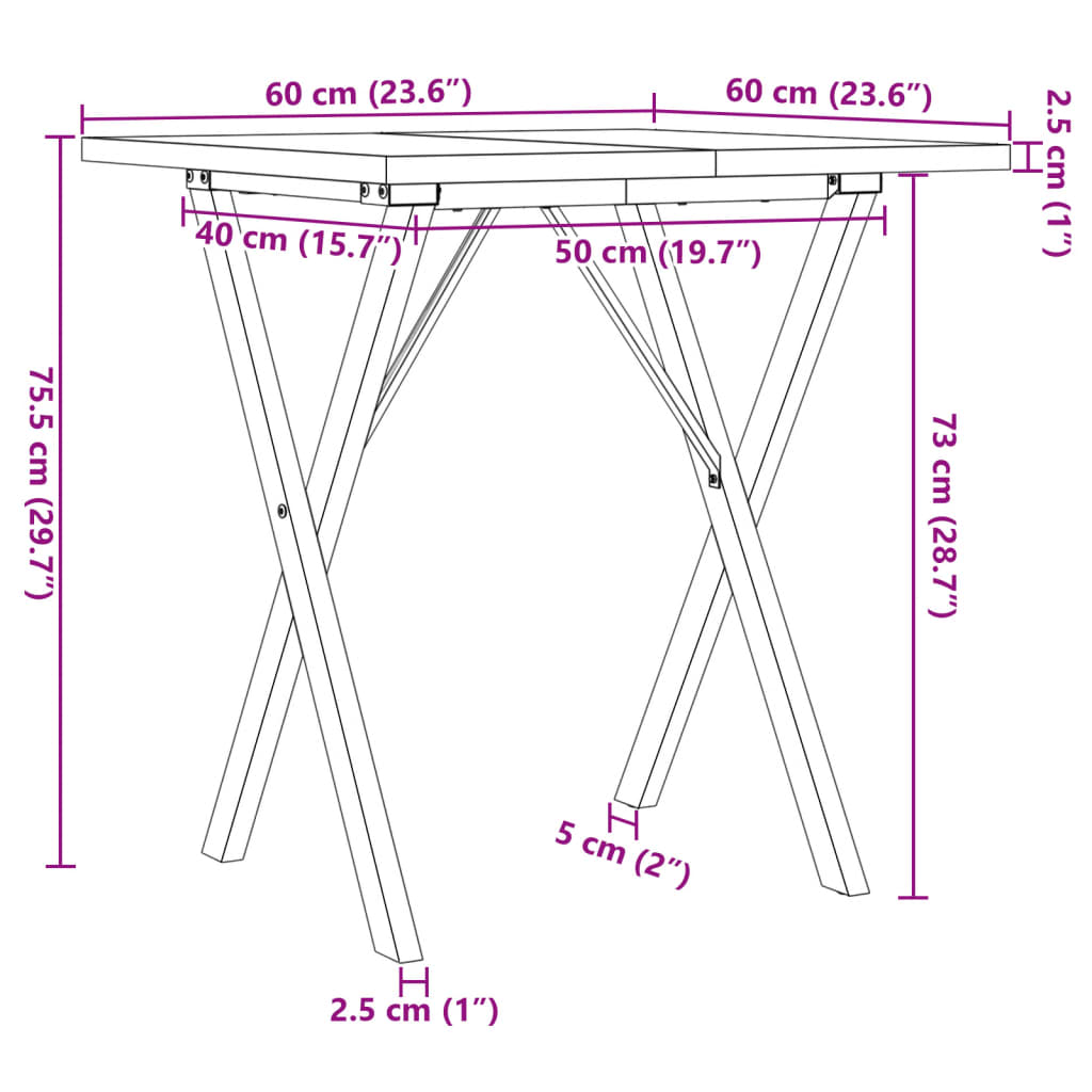 vidaXL Mesa de comedor marco X madera maciza pino y acero 60x60x75,5cm