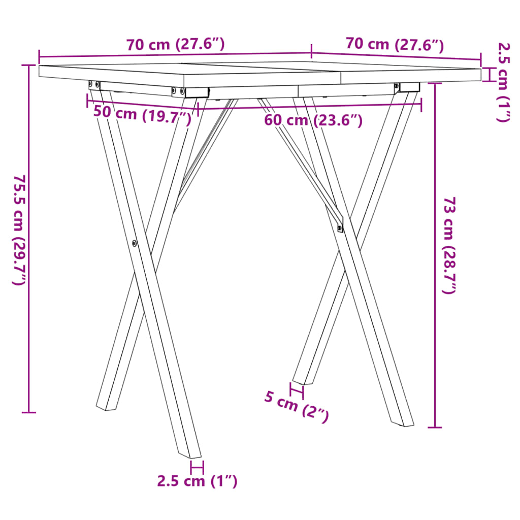 vidaXL Mesa de comedor marco X madera maciza pino y acero 70x70x75,5cm