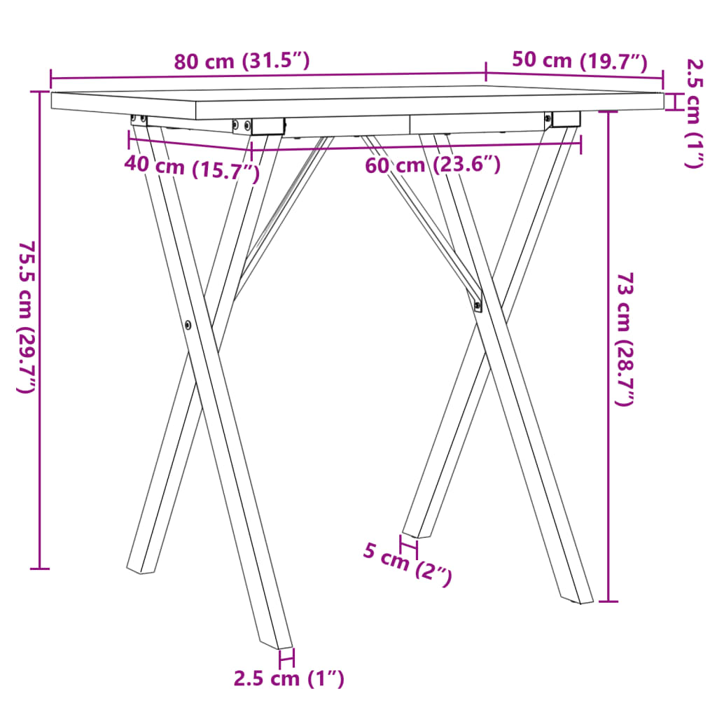 vidaXL Mesa de comedor marco X madera maciza pino y acero 80x50x75,5cm