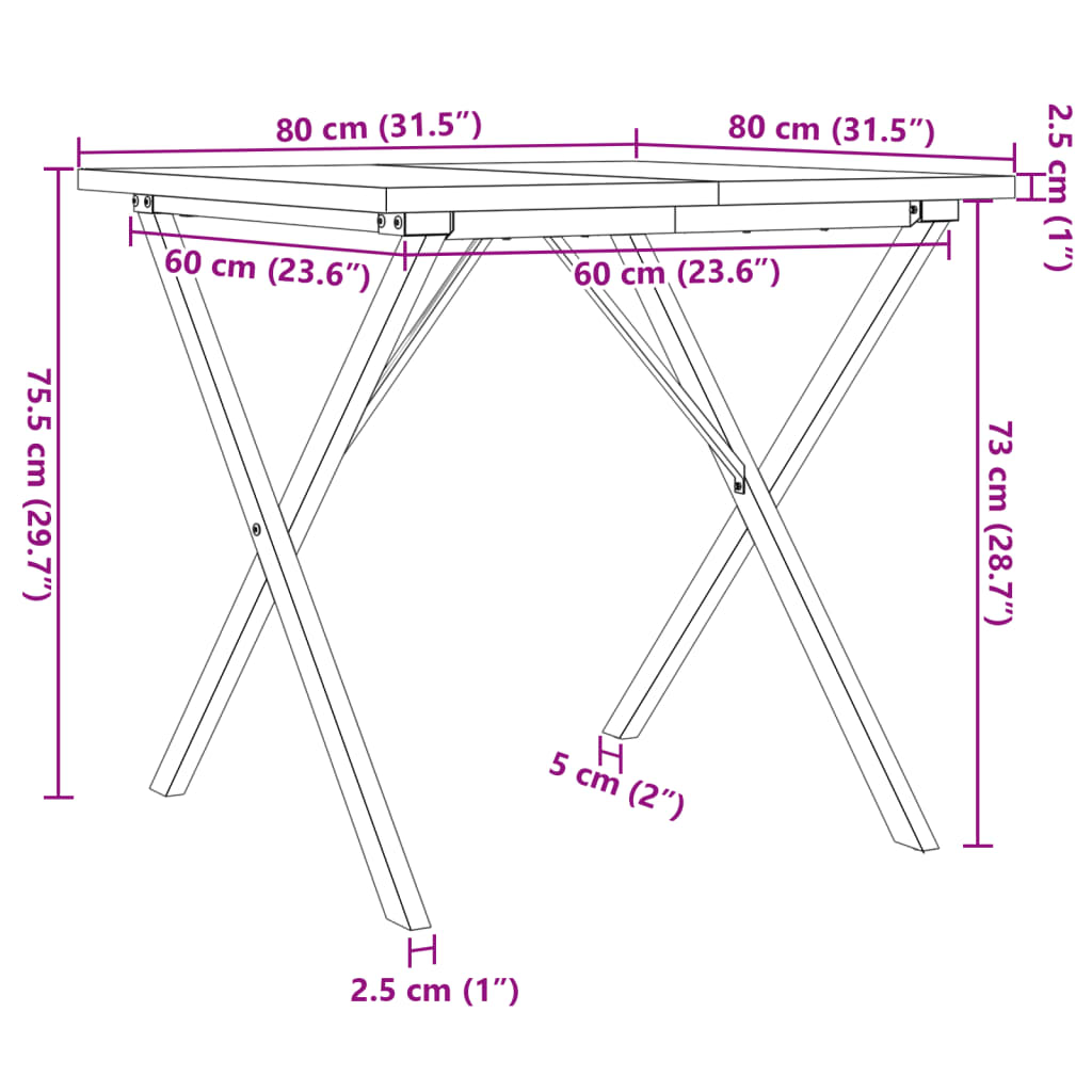 vidaXL Mesa de comedor marco X madera maciza pino y acero 80x80x75,5cm