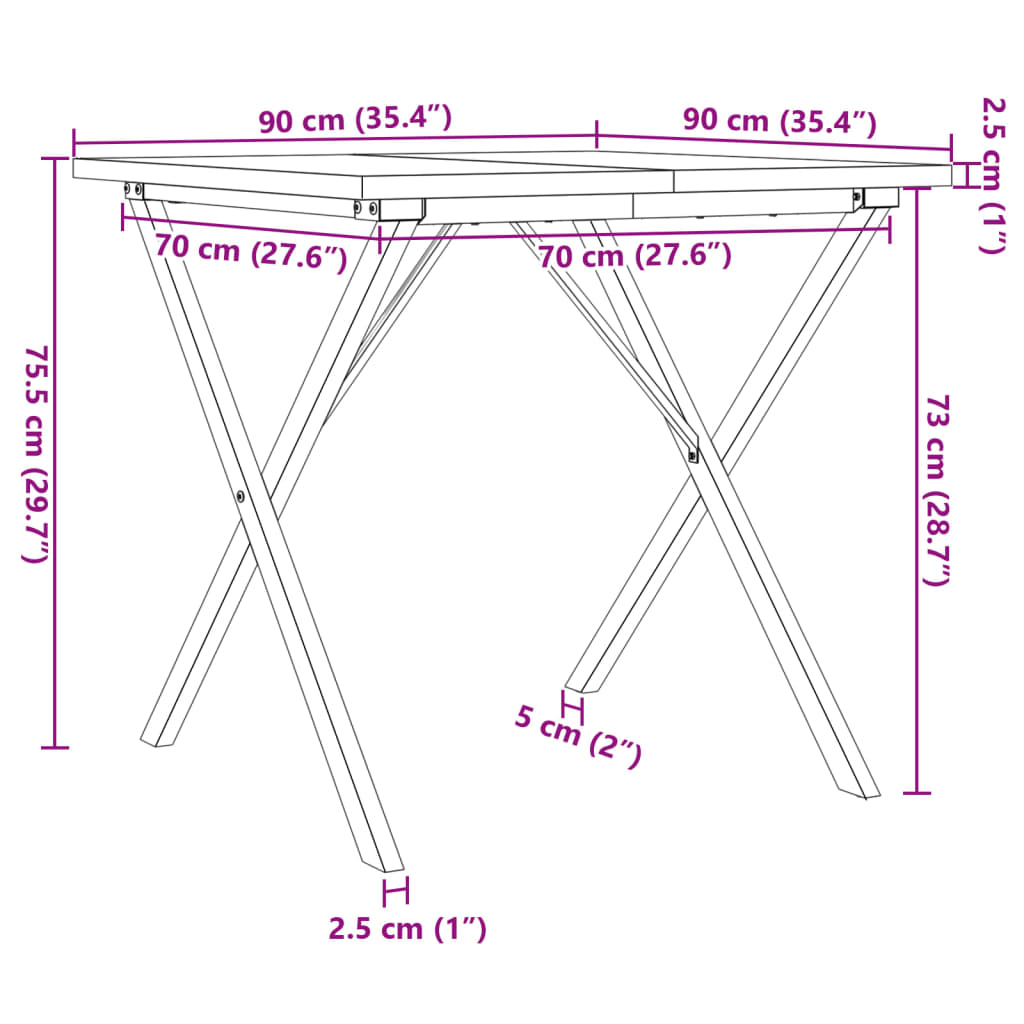 vidaXL Mesa de comedor marco X madera maciza pino y acero 90x90x75,5cm