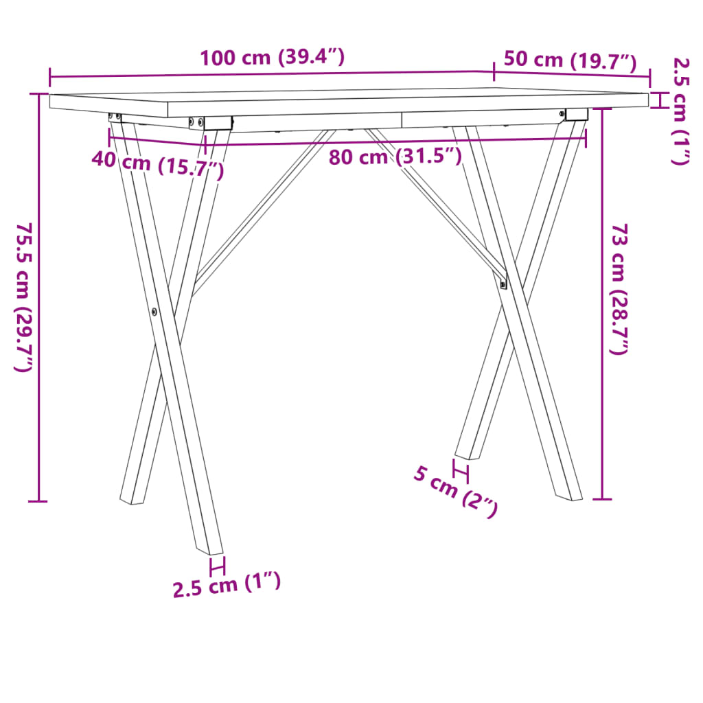 vidaXL Mesa de comedor marco X madera maciza pino acero 100x50x75,5 cm