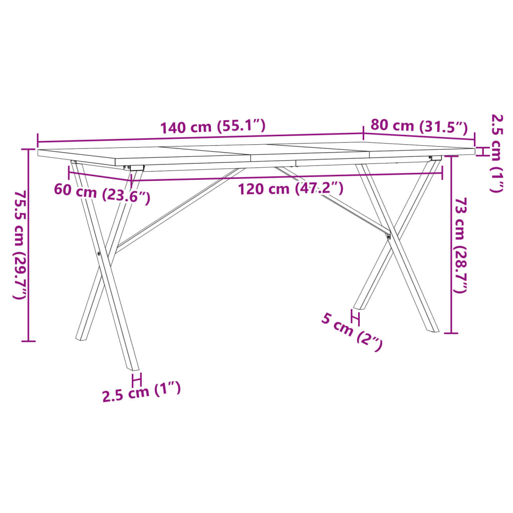 vidaXL Mesa de comedor marco X madera maciza pino acero 140x80x75,5 cm