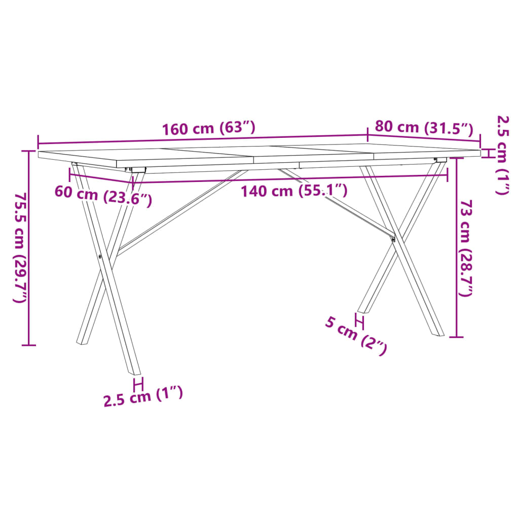 vidaXL Mesa de comedor marco X madera maciza pino acero 160x80x75,5 cm