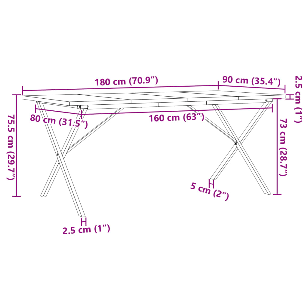 vidaXL Mesa de comedor marco X madera maciza pino acero 180x90x75,5 cm