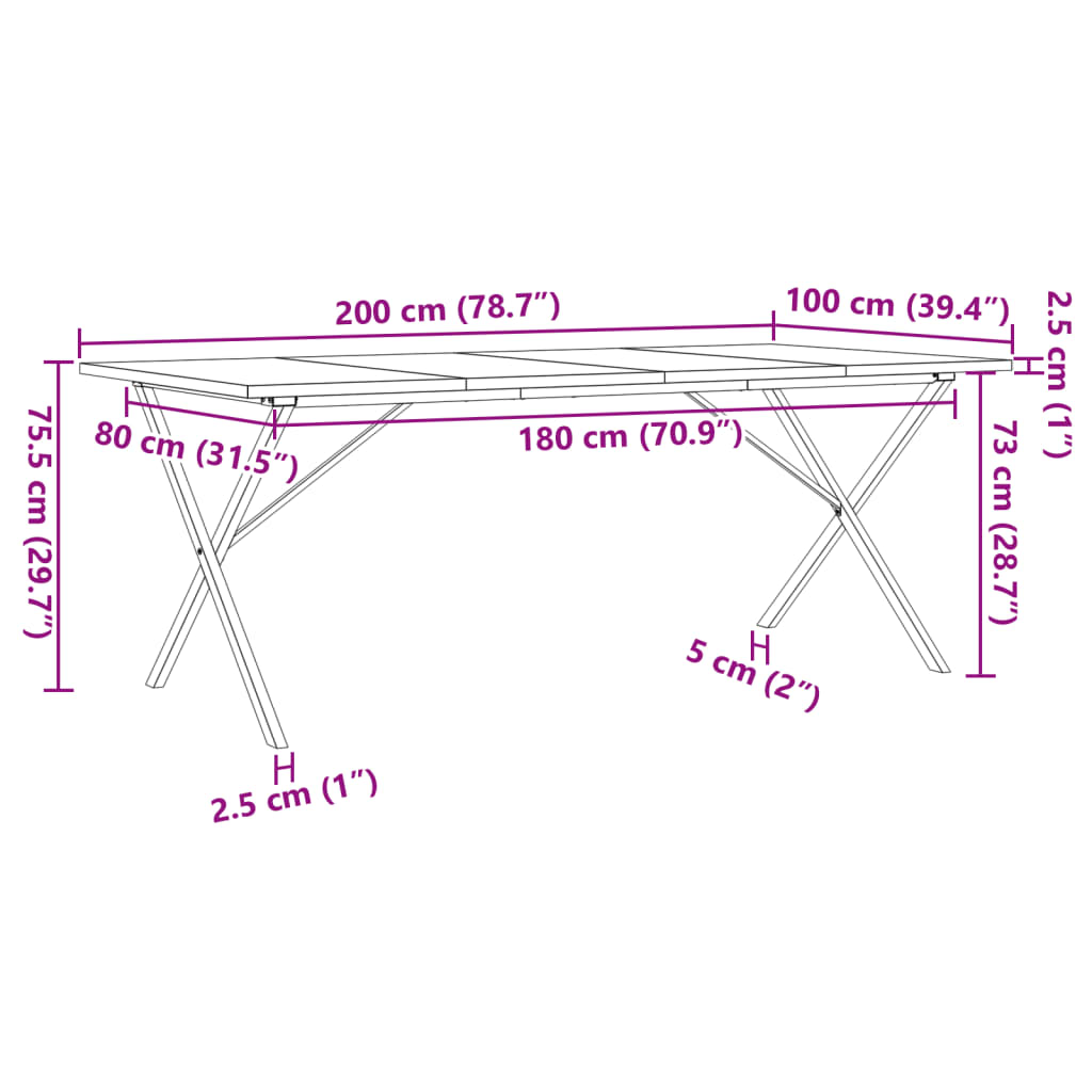 vidaXL Mesa de comedor marco X madera maciza pino acero 200x100x75,5cm