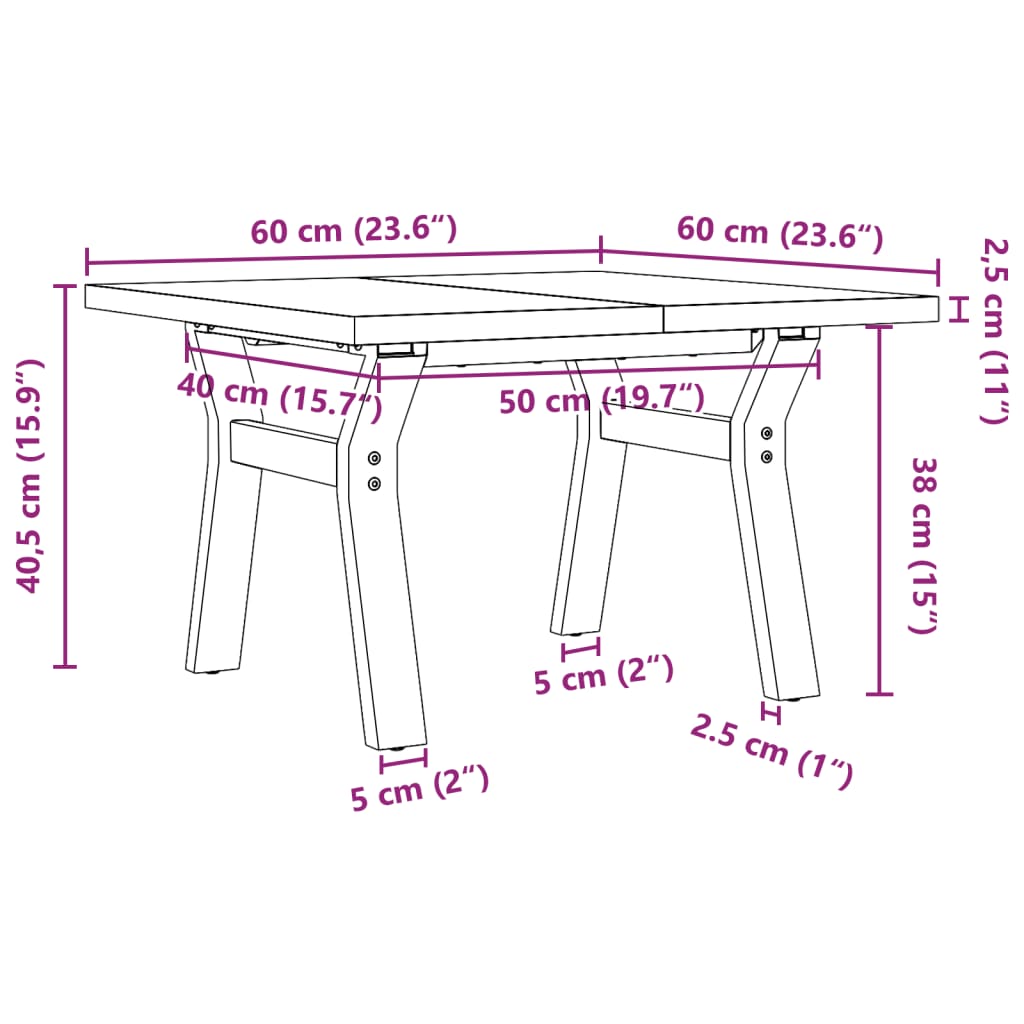 vidaXL Mesa de centro marco Y madera maciza pino y acero 60x60x40,5 cm