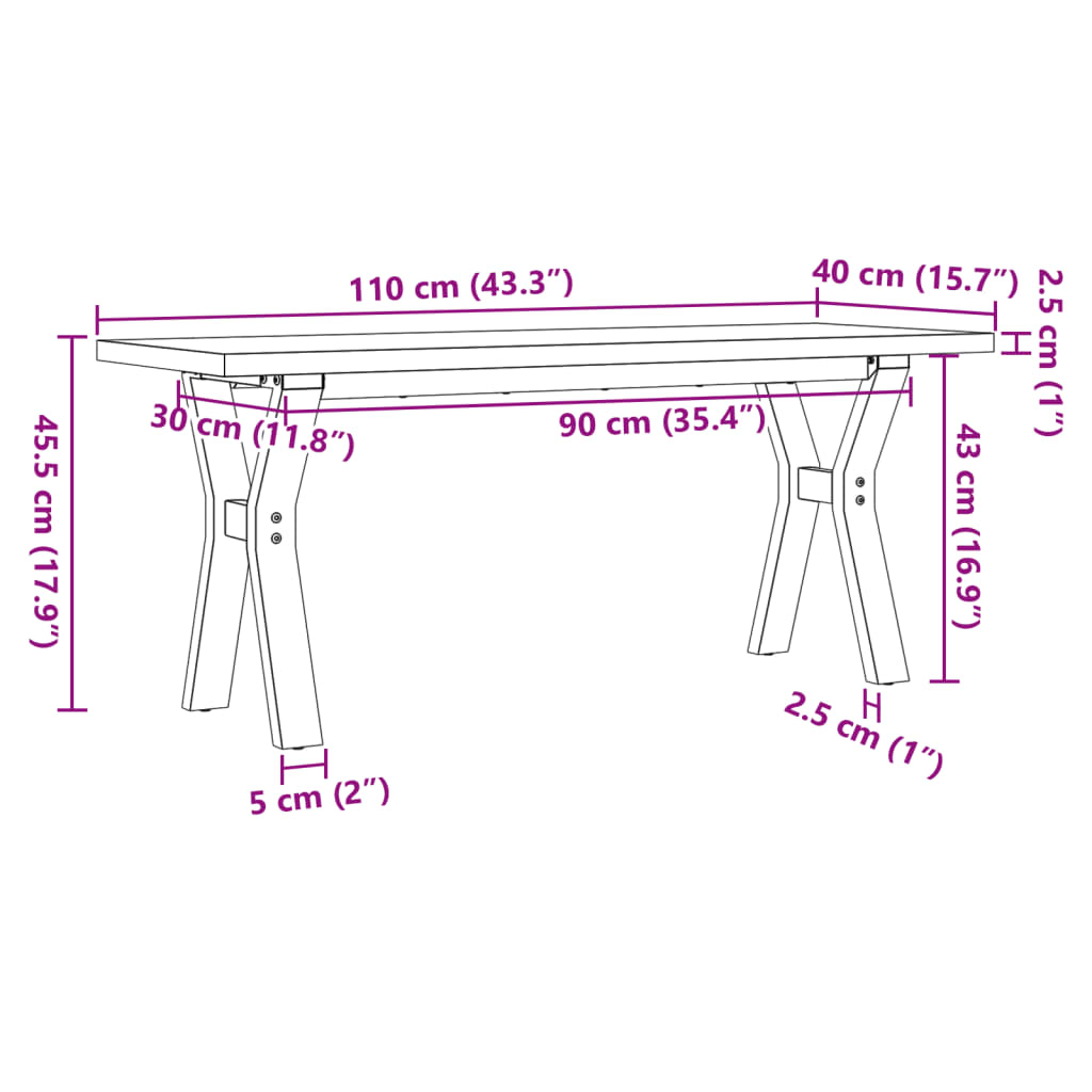 vidaXL Mesa de centro marco Y madera maciza pino y acero 110x40x45,5cm