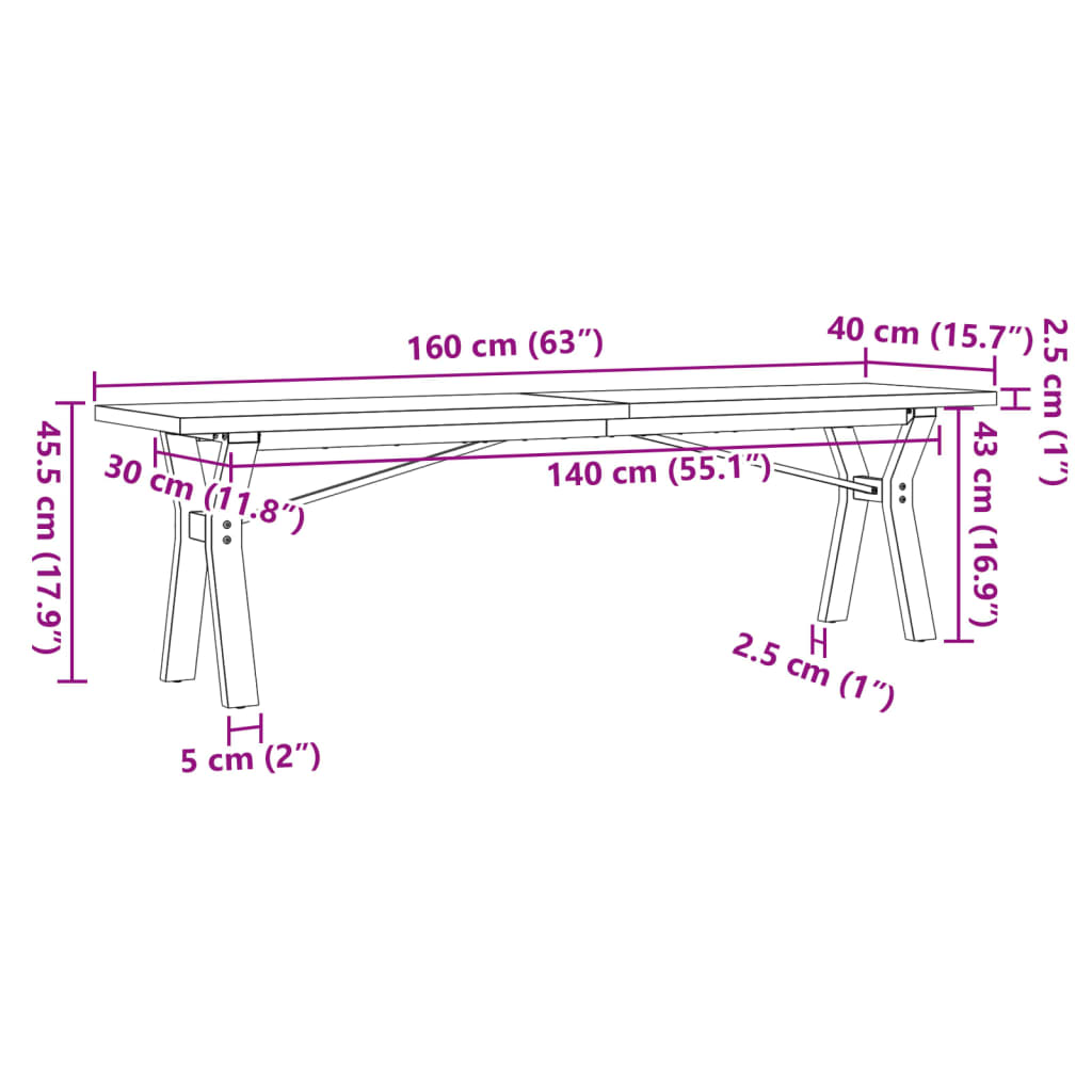 vidaXL Mesa de centro marco Y madera maciza pino y acero 160x40x45,5cm