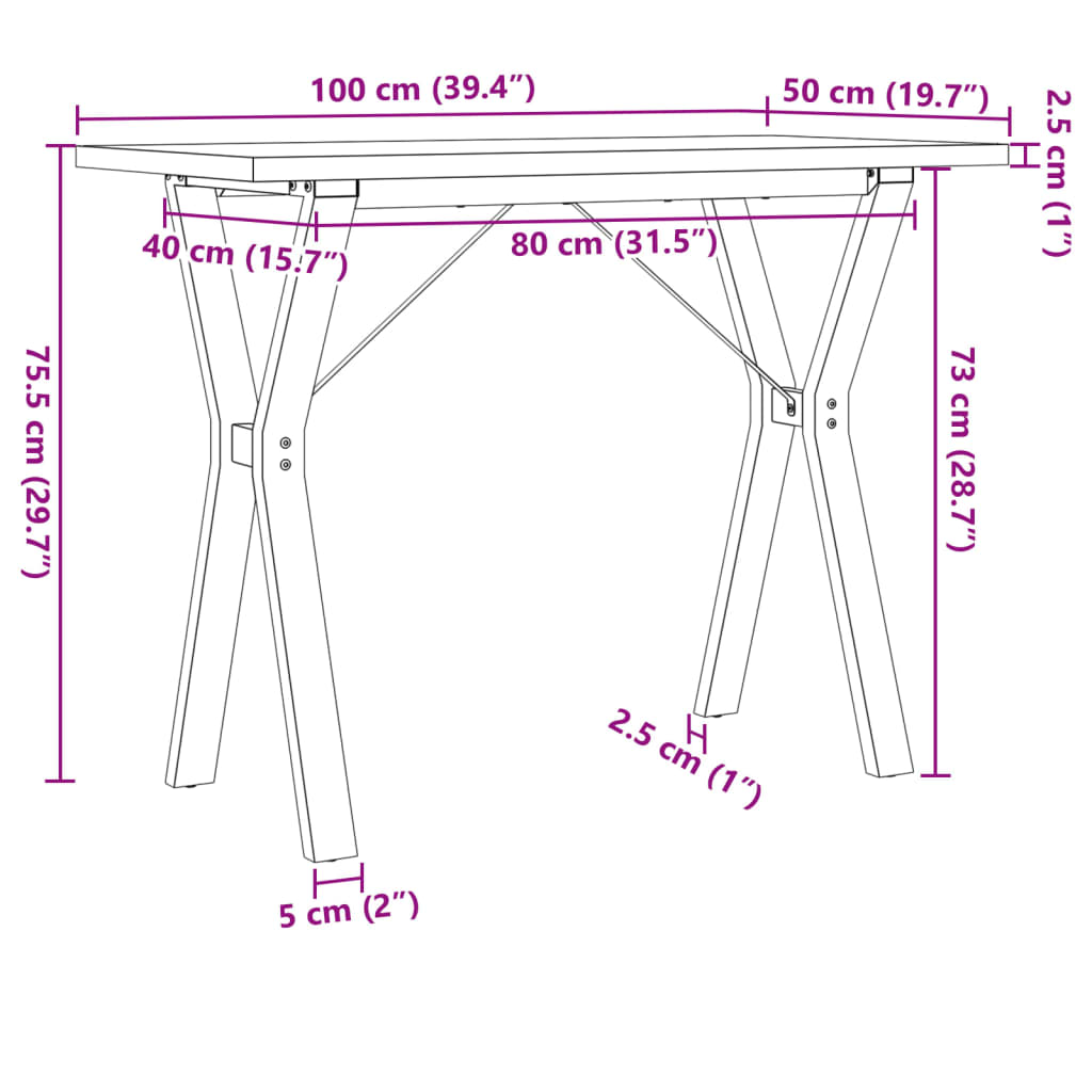 vidaXL Mesa de comedor marco Y madera maciza pino acero 100x50x75,5 cm