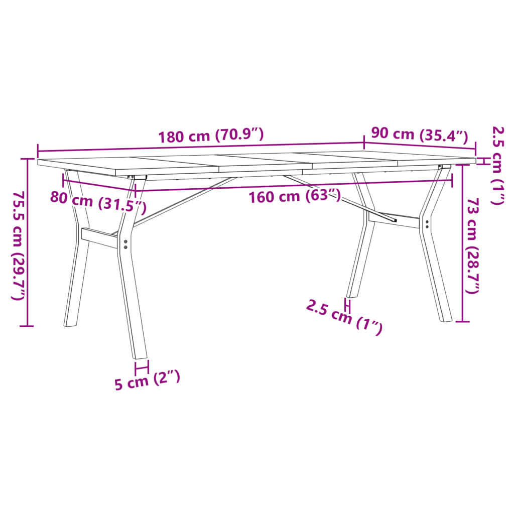 vidaXL Mesa de comedor marco Y madera maciza pino acero 180x90x75,5 cm