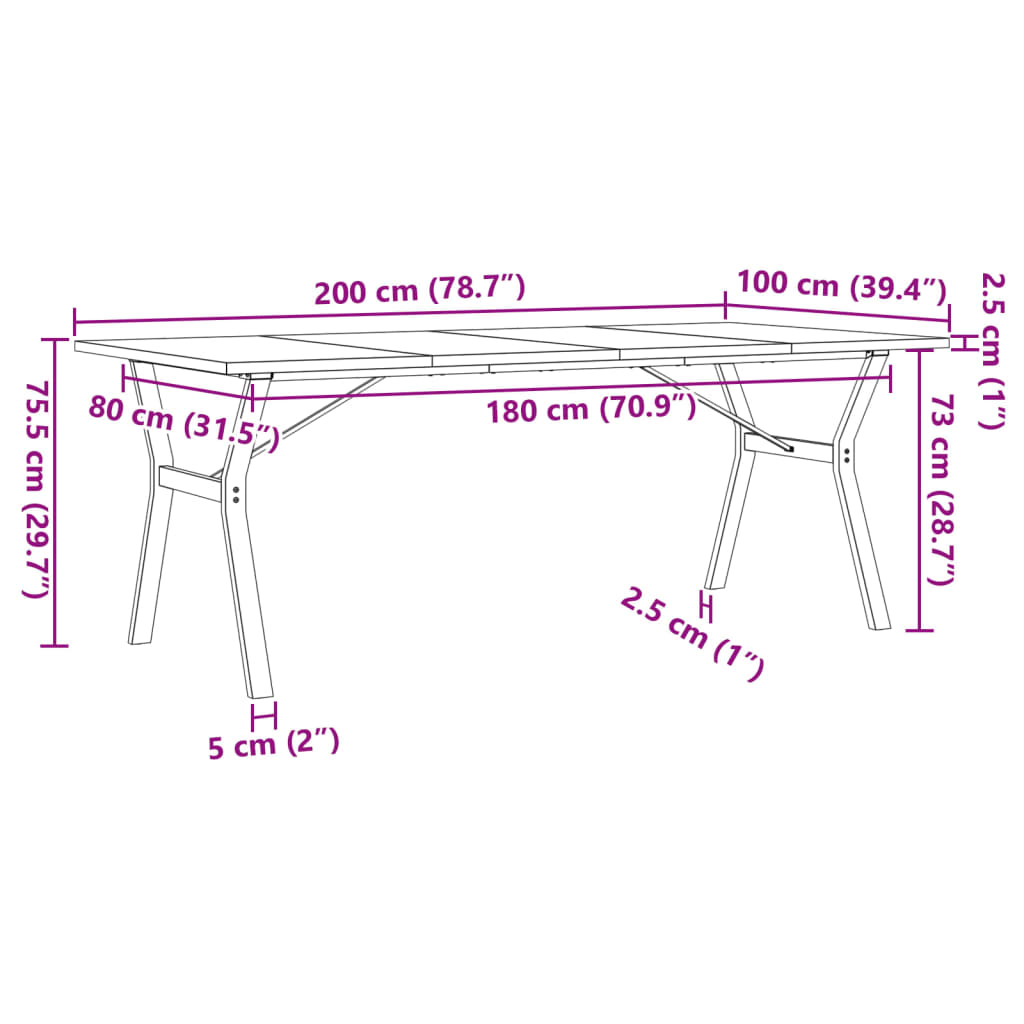 vidaXL Mesa de comedor marco Y madera maciza pino acero 200x100x75,5cm