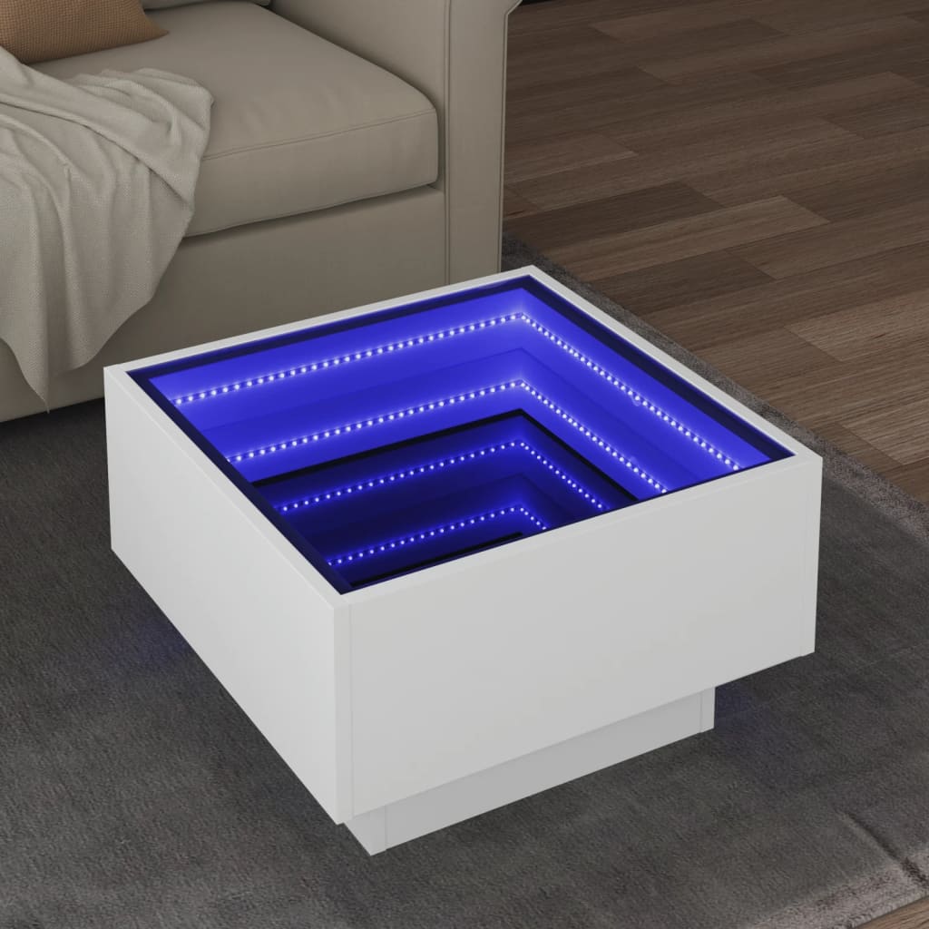 vidaXL Mesa de centro con LED madera de ingeniería blanca 50x50x30 cm