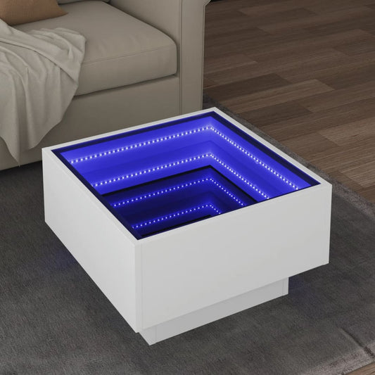 vidaXL Mesa de centro con LED madera de ingeniería blanca 50x50x30 cm