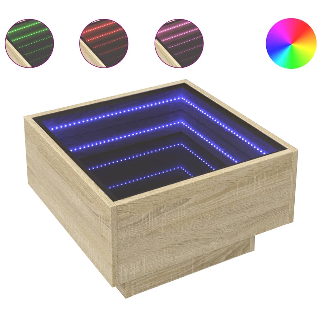 vidaXL Mesa de centro y LED madera ingeniería roble Sonoma 50x50x30 cm