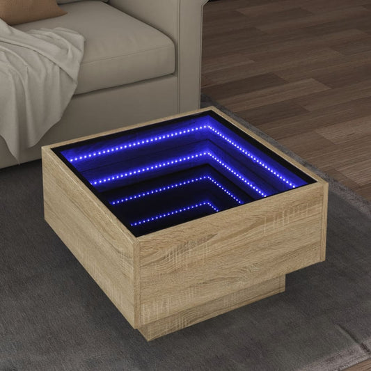 vidaXL Mesa de centro y LED madera ingeniería roble Sonoma 50x50x30 cm