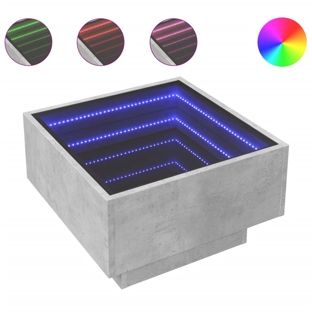 vidaXL Mesa de centro y LED madera ingeniería gris hormigón 50x50x30cm