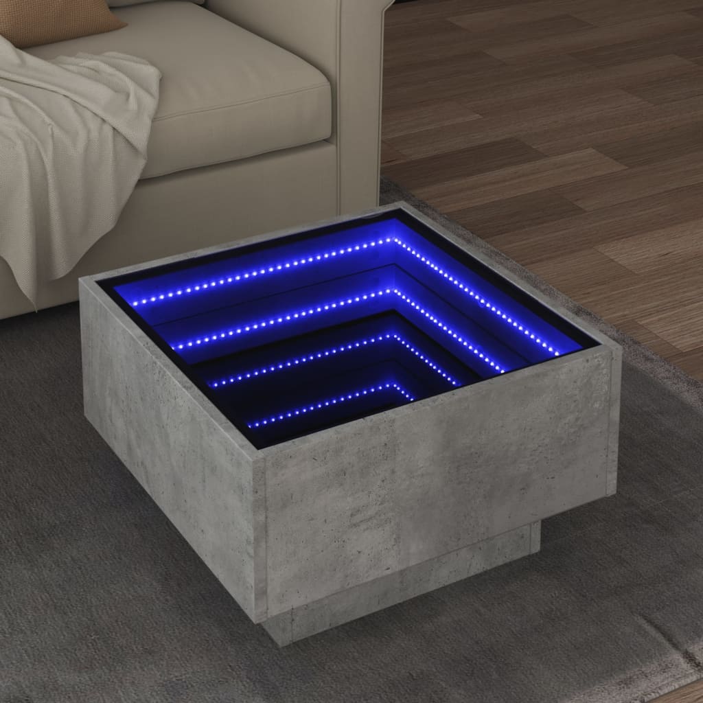 vidaXL Mesa de centro y LED madera ingeniería gris hormigón 50x50x30cm