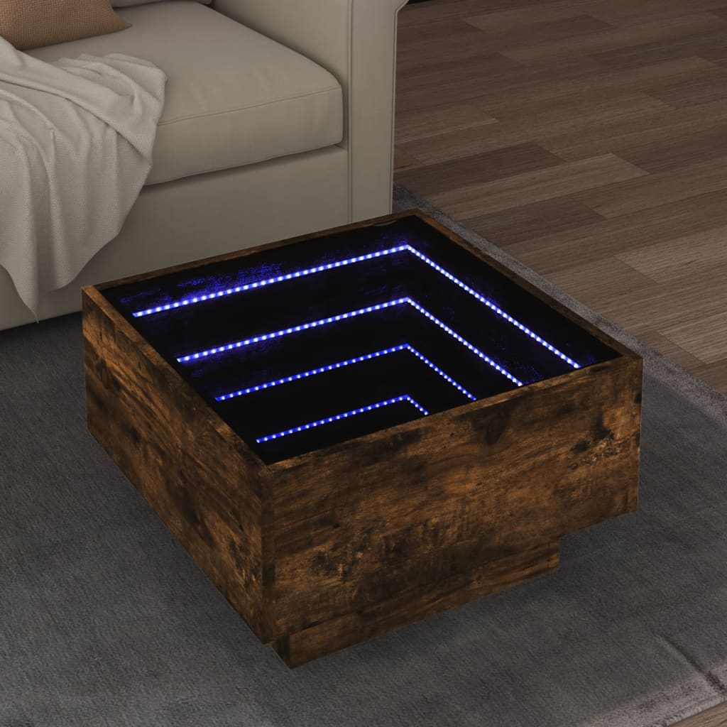 vidaXL Mesa de centro y LED madera ingeniería roble ahumado 50x50x30cm