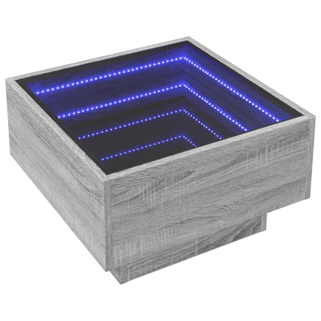 vidaXL Mesa de centro y LED madera ingeniería gris Sonoma 50x50x30 cm