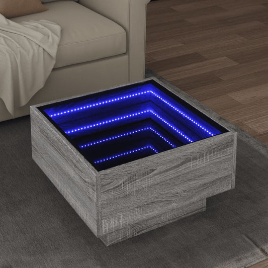 vidaXL Mesa de centro y LED madera ingeniería gris Sonoma 50x50x30 cm