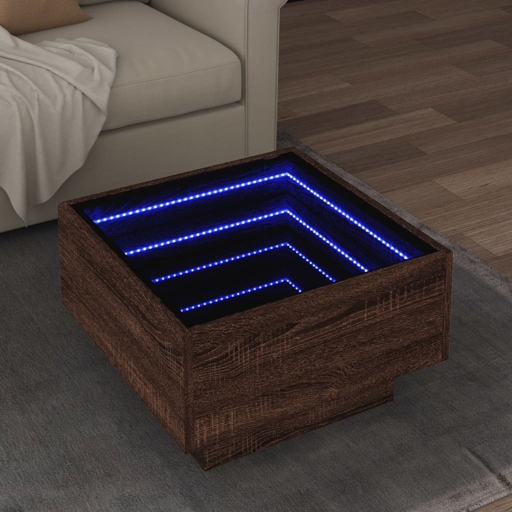 vidaXL Mesa de centro y LED madera ingeniería marrón roble 50x50x30 cm