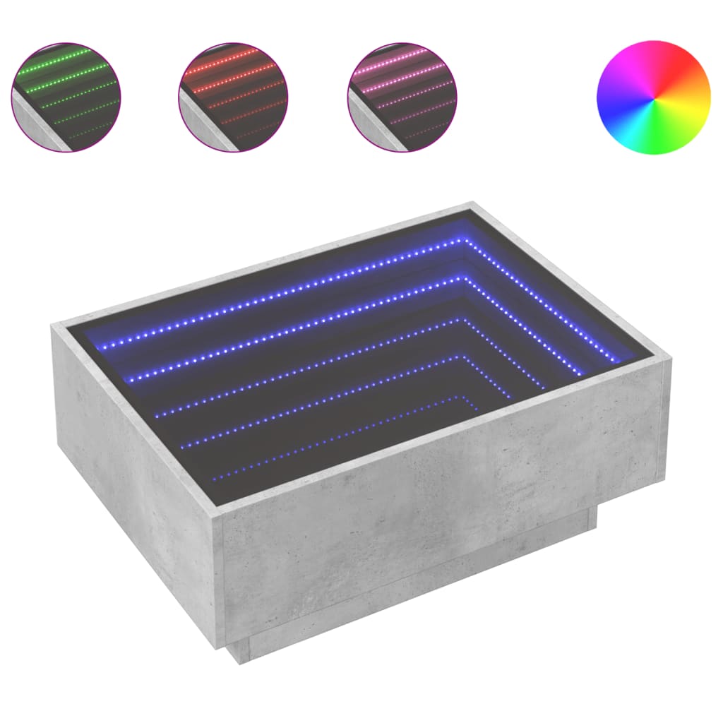 vidaXL Mesa de centro y LED madera ingeniería gris hormigón 70x50x30cm