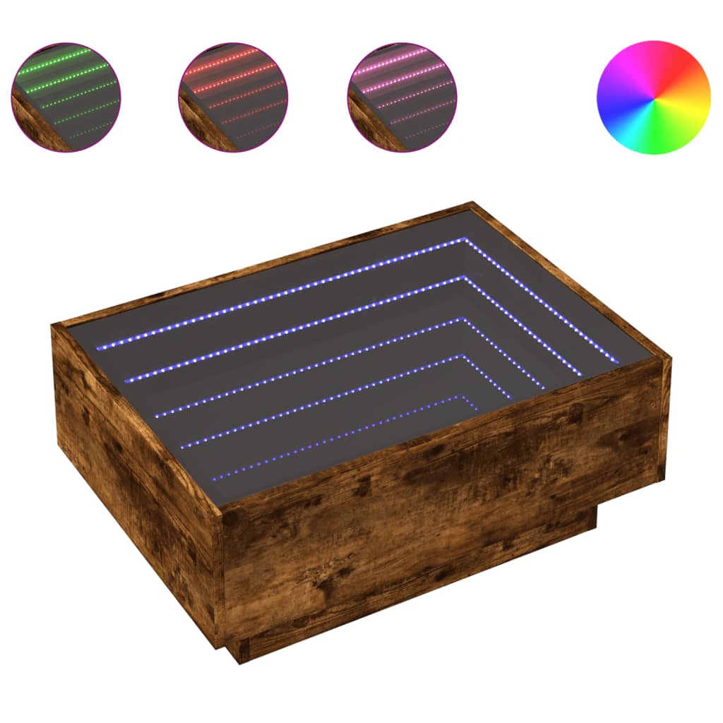 vidaXL Mesa de centro y LED madera ingeniería roble ahumado 70x50x30cm