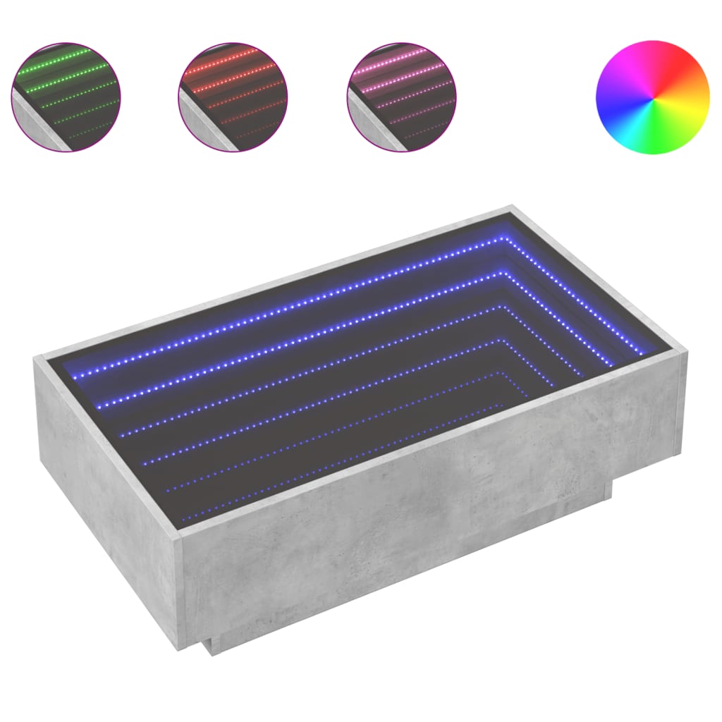 vidaXL Mesa de centro y LED madera ingeniería gris hormigón 90x50x30cm