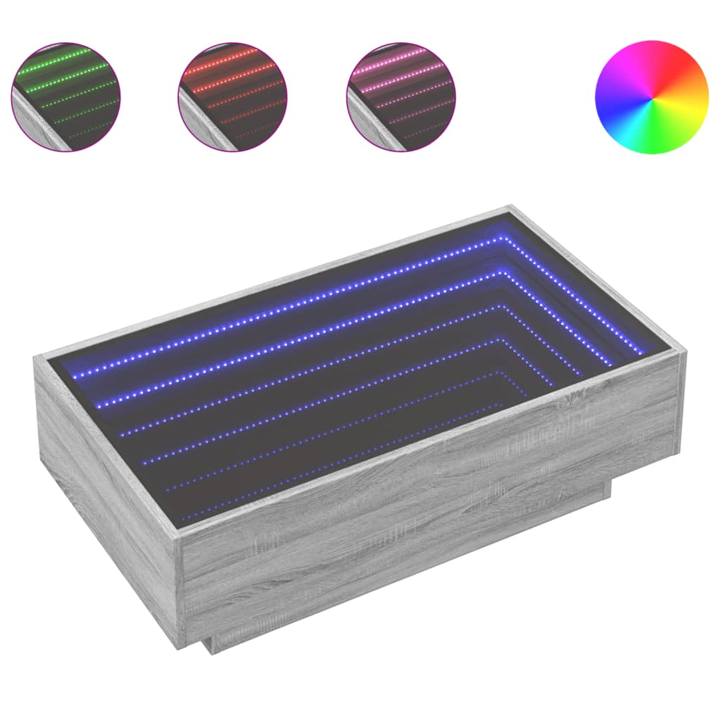 vidaXL Mesa de centro y LED madera ingeniería gris Sonoma 90x50x30 cm