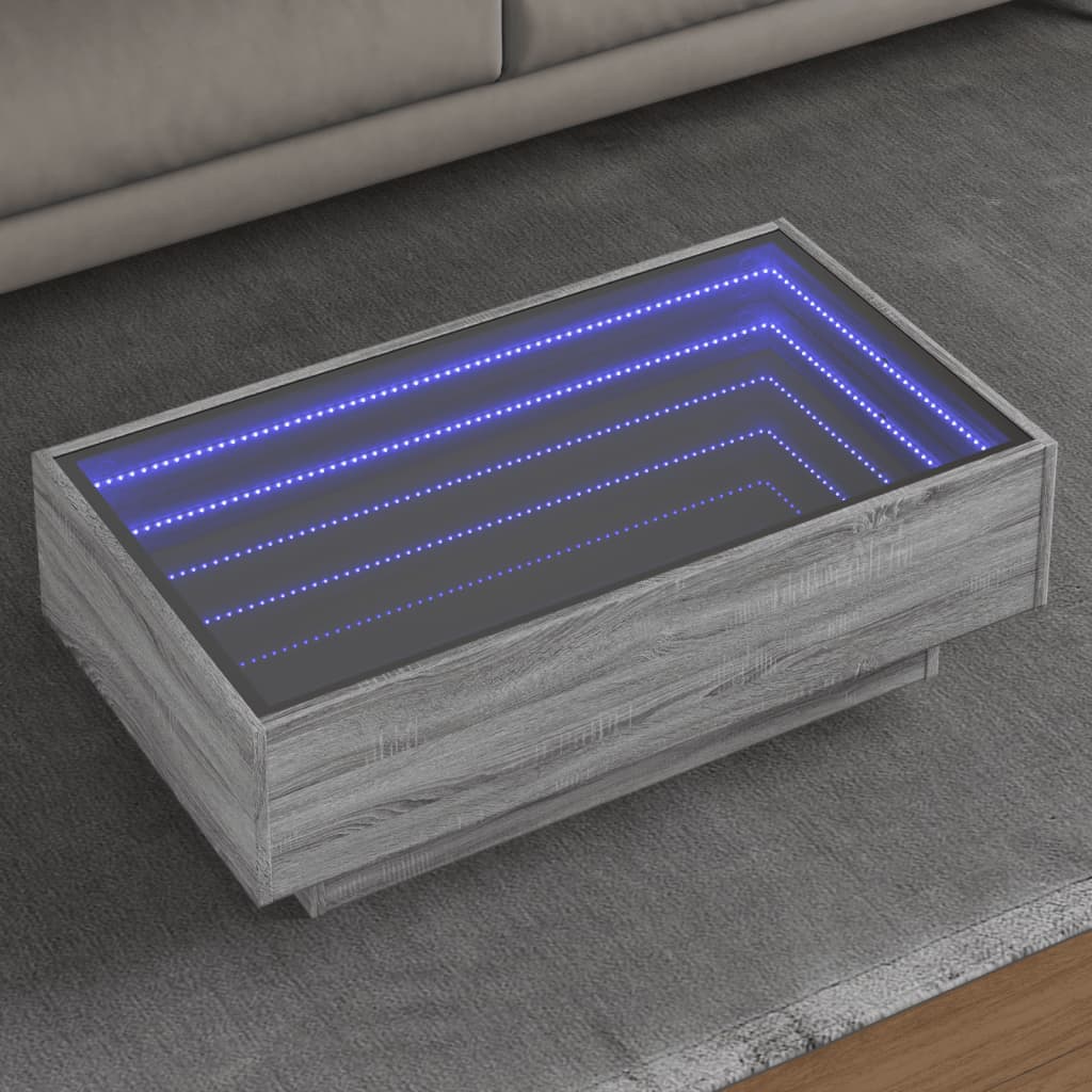 vidaXL Mesa de centro y LED madera ingeniería gris Sonoma 90x50x30 cm