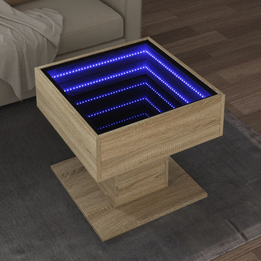 vidaXL Mesa de centro y LED madera ingeniería roble Sonoma 50x50x45 cm