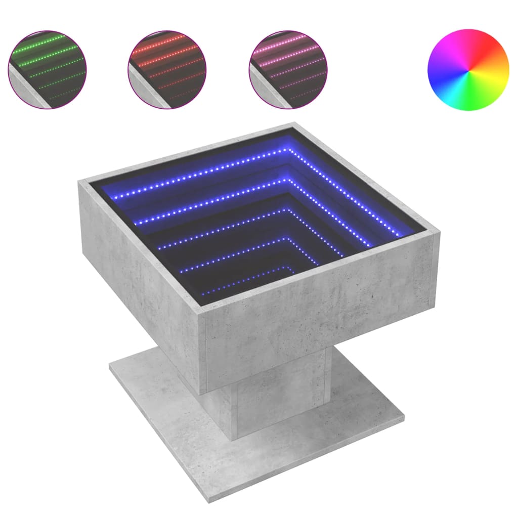 vidaXL Mesa de centro y LED madera ingeniería gris hormigón 50x50x45cm