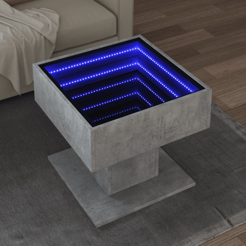 vidaXL Mesa de centro y LED madera ingeniería gris hormigón 50x50x45cm