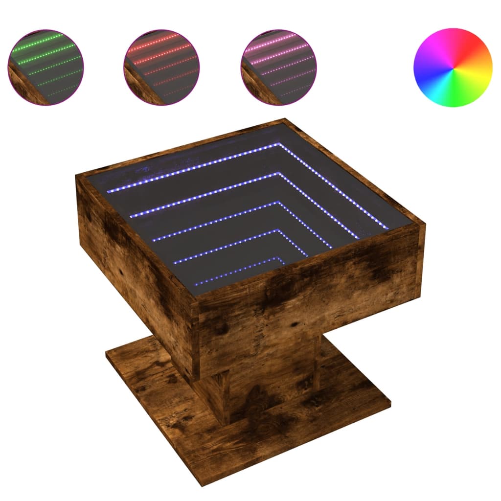 vidaXL Mesa de centro y LED madera ingeniería roble ahumado 50x50x45cm