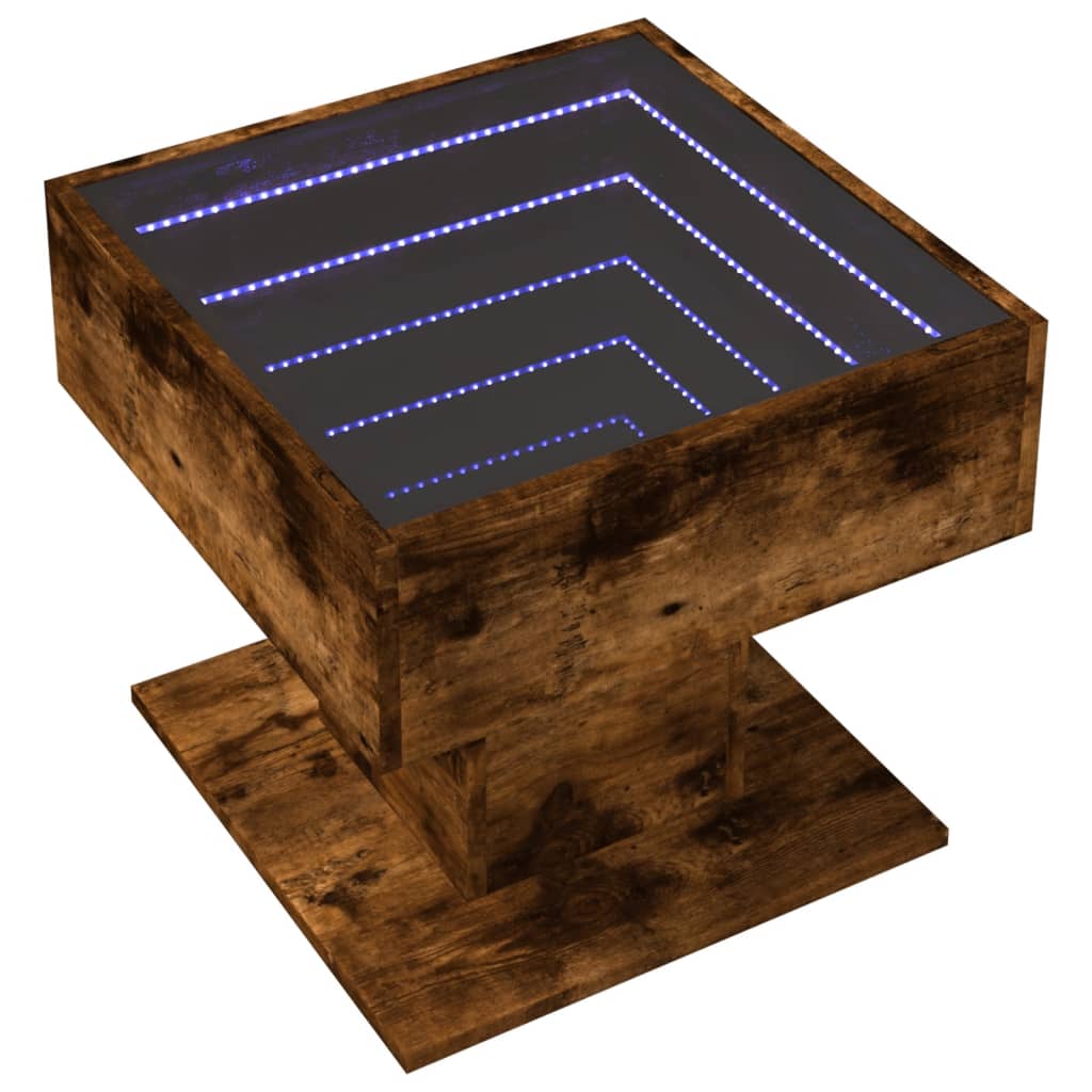 vidaXL Mesa de centro y LED madera ingeniería roble ahumado 50x50x45cm