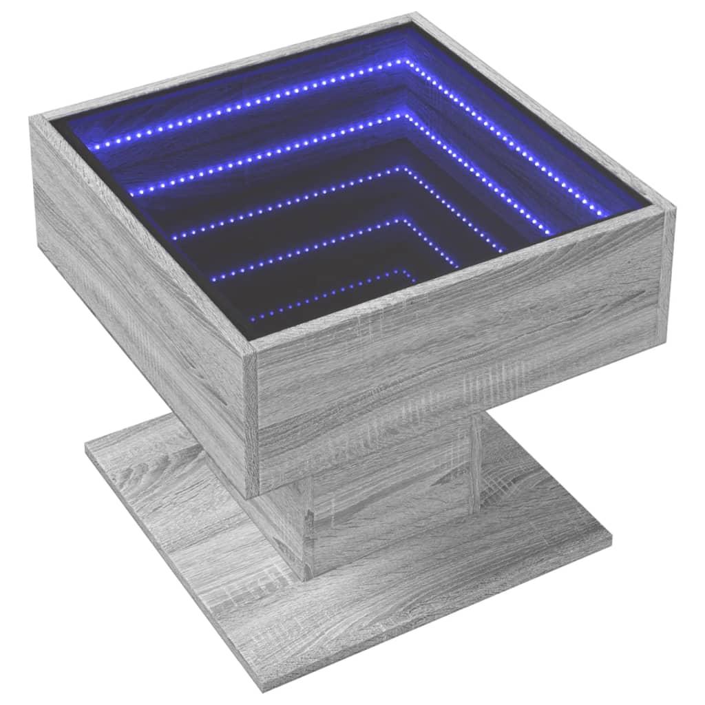 vidaXL Mesa de centro y LED madera ingeniería gris Sonoma 50x50x45 cm