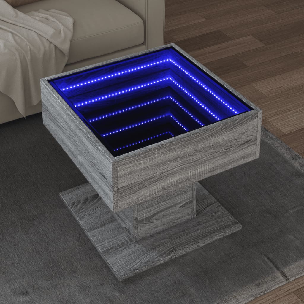 vidaXL Mesa de centro y LED madera ingeniería gris Sonoma 50x50x45 cm