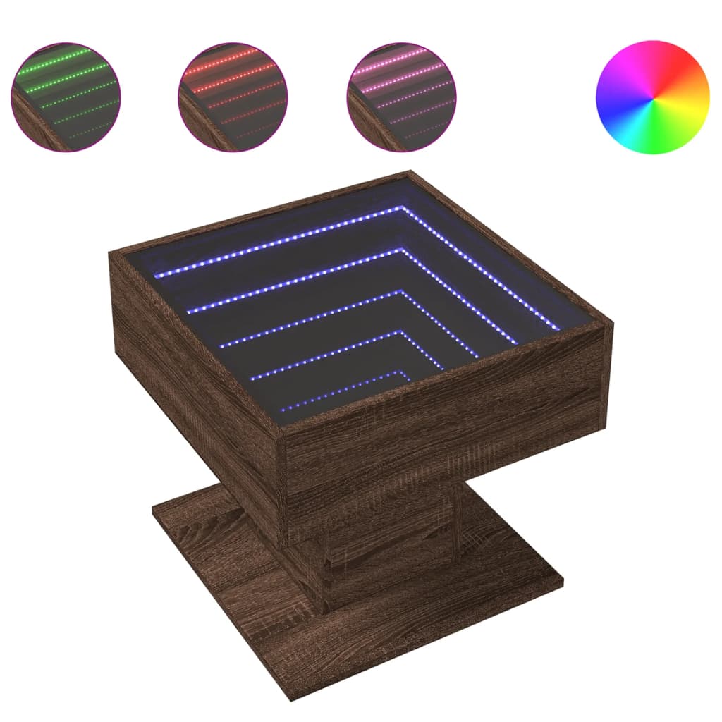 vidaXL Mesa de centro y LED madera ingeniería marrón roble 50x50x45 cm