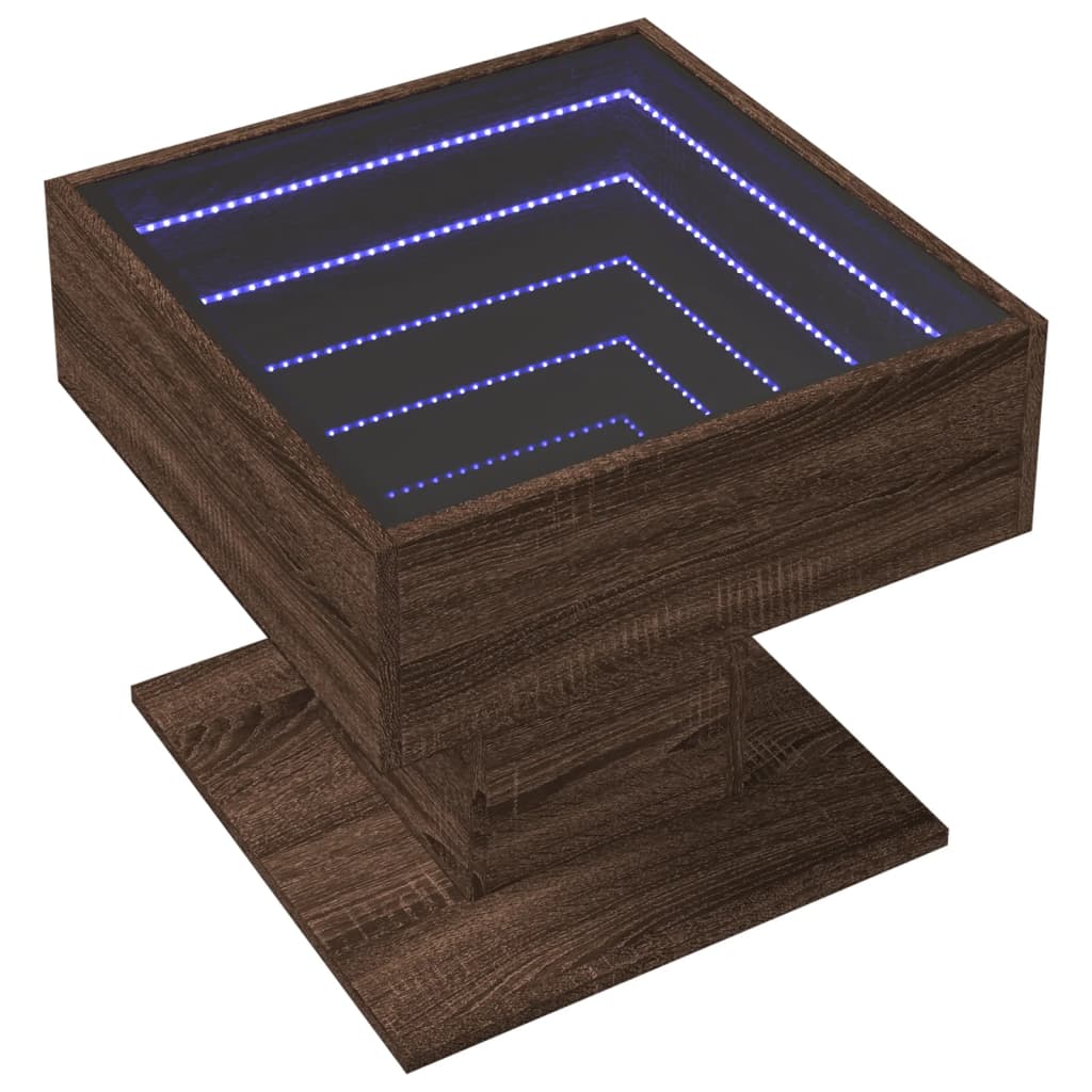 vidaXL Mesa de centro y LED madera ingeniería marrón roble 50x50x45 cm