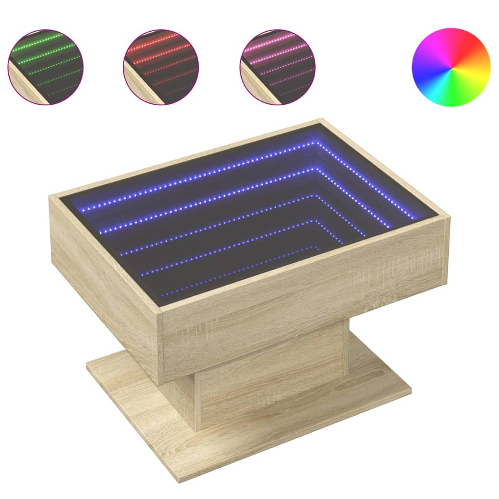 vidaXL Mesa de centro y LED madera ingeniería roble Sonoma 70x50x45 cm