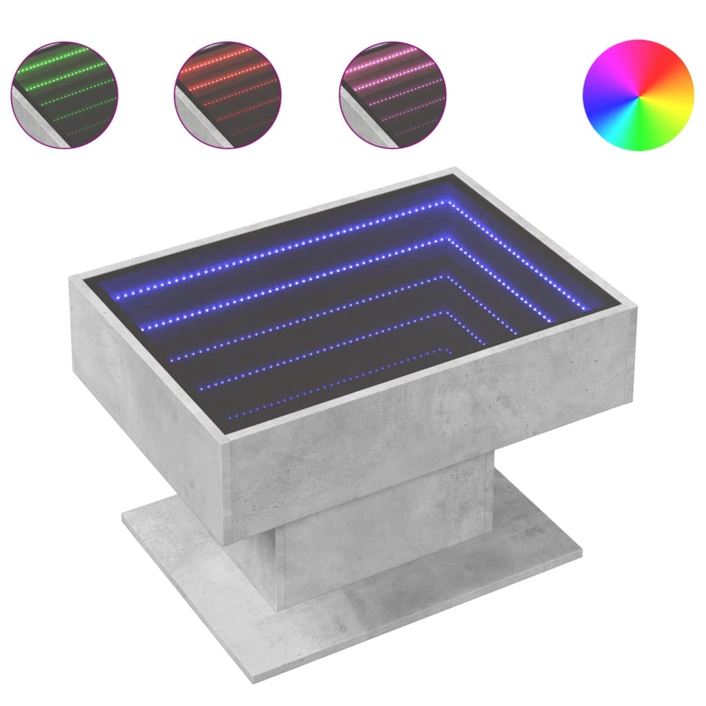 vidaXL Mesa de centro y LED madera ingeniería gris hormigón 70x50x45cm